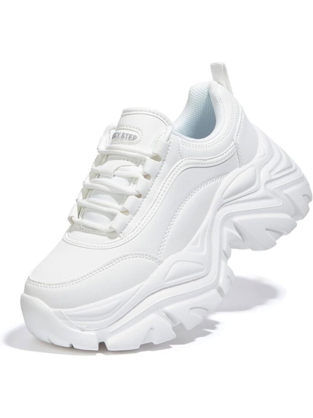 Women's White Chunky Rubber Platform Casual Lace-Up Walking Sneaker Shoes
